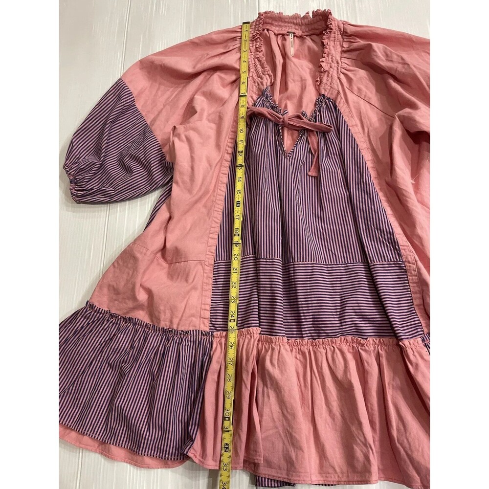 Free People Keegan Oversize Tunic Dress Mix Stripe Pink Blue Swing Ruffle Size S - Picture 5 of 10